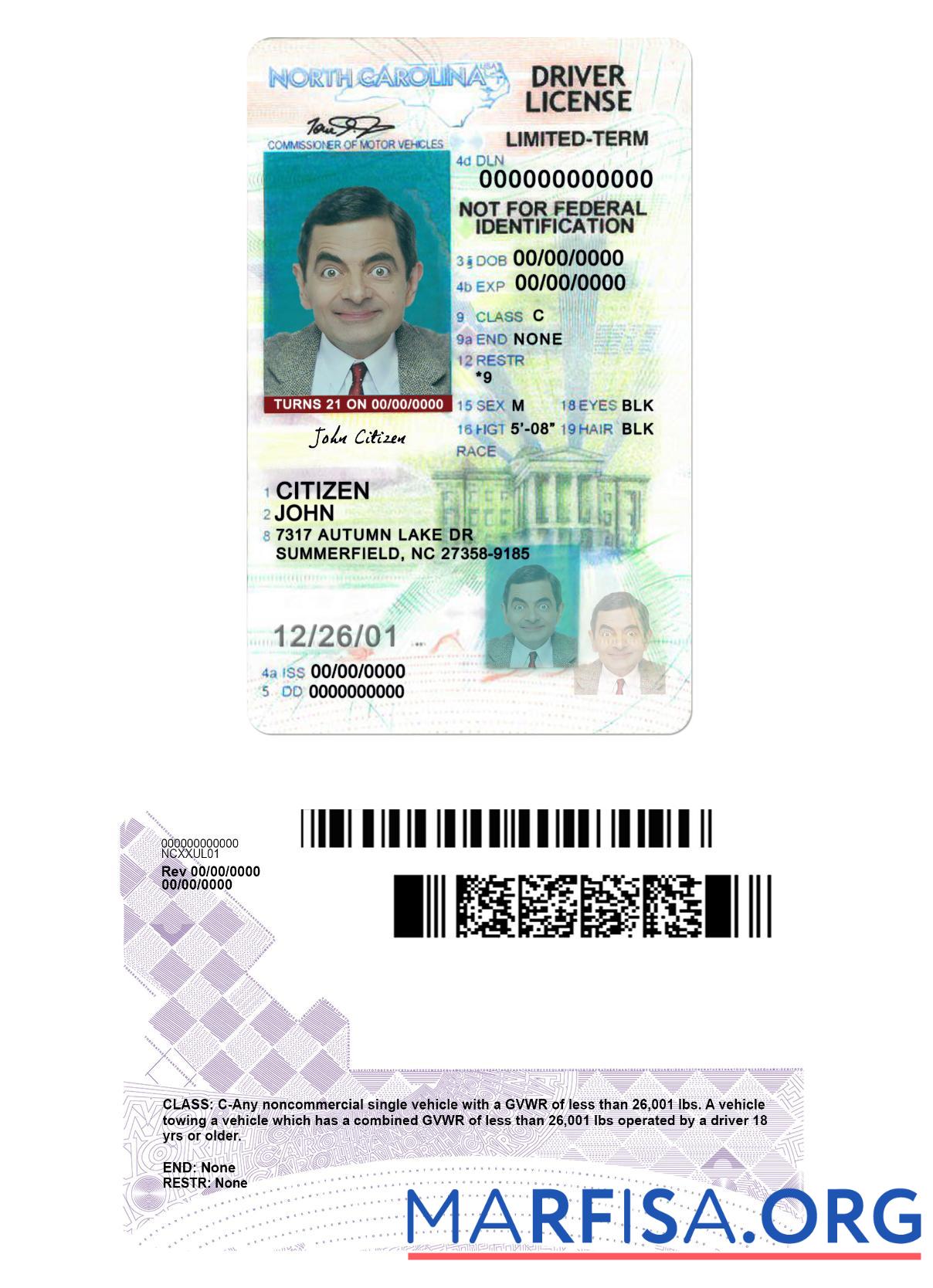 Blank USA North Carolina driving license under 21 download for verification